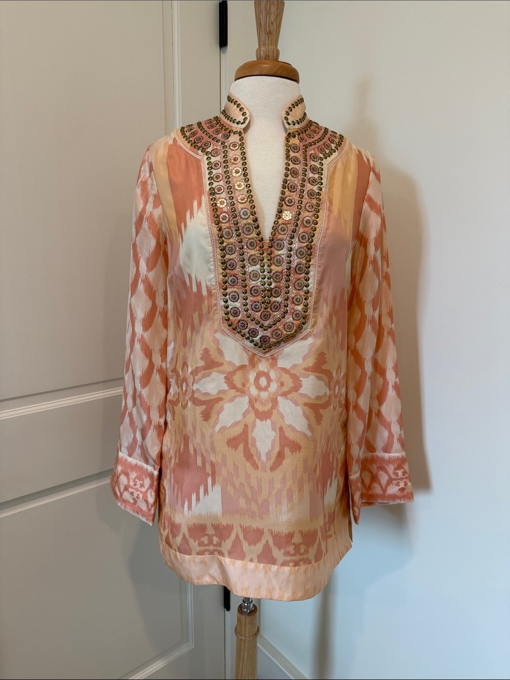 Tory Burch Peach and Cream Beaded Ikat Tunic